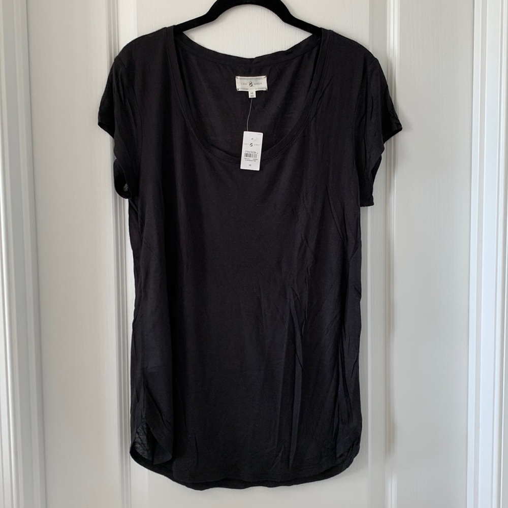 NWT LOU & GREY Black 100% Modal Sheer Short Sleeves Top Size Medium